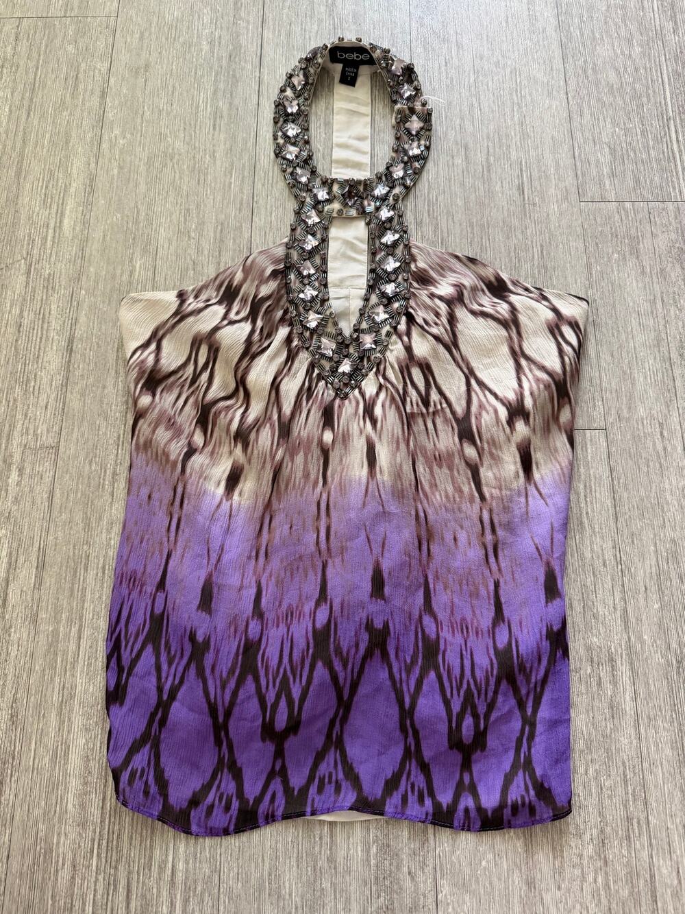 Vintage Y2k Bebe Purple and White Tie Dye Halter Top with Beaded Neckline